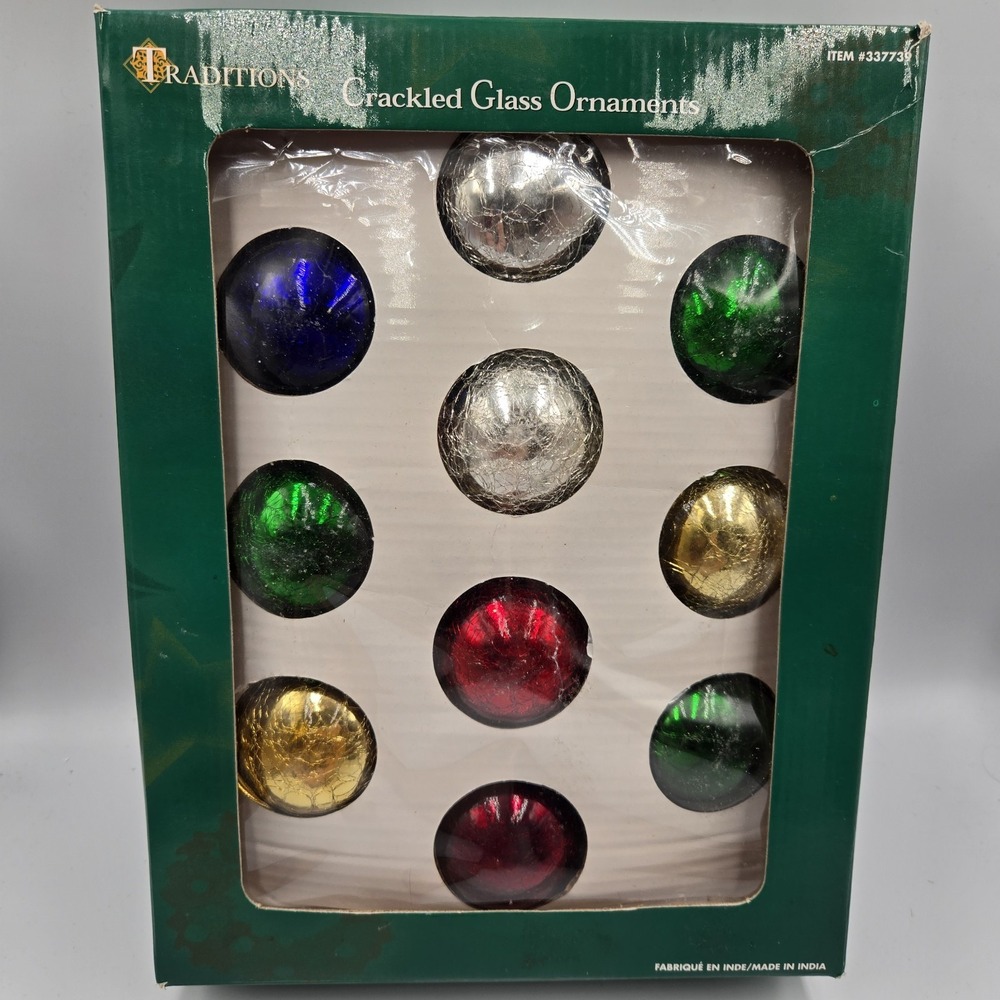 10 Heavy Crackle Glass Metal Cap Christmas Ornament Green Red Blue Gold Silver